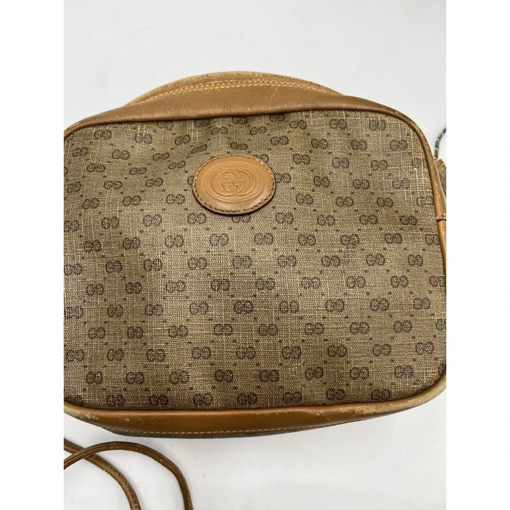 GUCCI Vintage Micro GG Tan Brown Canvas Shoulder Bag PVC‎ Leather Crossbody